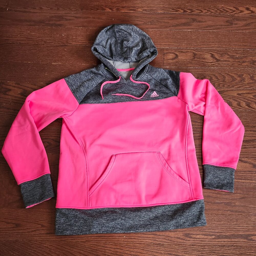 Adidas Climawarm Womens Hoodie Pullover Neon Pink Gray Athletic Gym Run Size L
